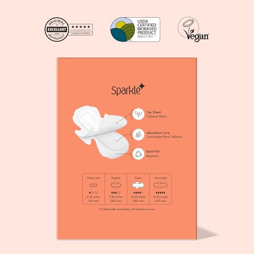 Sparkle Bamboo Maxi Pads | Plant-Based Feminine Hygiene Pads for Women | Super Soft & Leak-Proof with Wings | USDA Certified Biobased, Chlorine-Free, Hypoallergenic Protection | Super, 40 Count