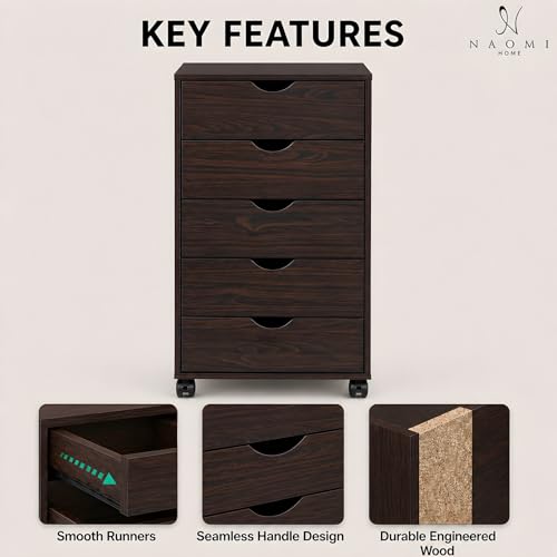 Image of Naomi Home Under Desk Office File Cabinet with 5 Drawers, Rolling Storage Organizer with Lockable Wheels, Handle-Free Design & Spacious Top Surface, Compatible Cabinet for Home Office - Espresso