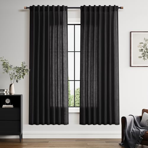 Image of Vintage Black Linen Curtains for Living Room 72 Inches Long Light Filtering Semi Sheer Curtain Back Tab and Rod Pocket Privacy Luxury Gothic Vintage Decor Drapes for Bedroom Office 52x72, 2 Panels