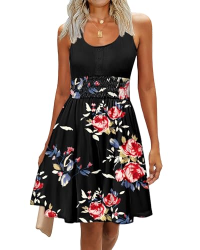 Image of Summer Dresses for Women Casual Sleeveless Sundresses Elastic Waist Mini Sun Dress