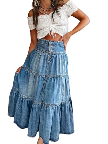 Women Tiered Ruffle Hem Denim Maxi Skirt Solid High Waist Buttons Jean Skirt Vintage Washed Swing Party Streetwear