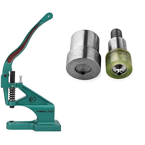 Trimming Shop Hand Press Machine and Two Piece Double Cap Rivet - 15mm - Manually Operated Tool Die Setting - For Placing Eyelets on Clothing - With Bored Base and Adjustable Stop Screw