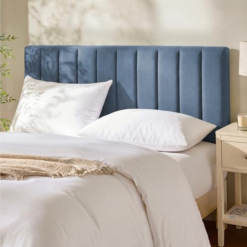 Image of Hearth & Harbor Wall Mounted Queen Headboard Only, Bed Headboard Queen Size | Easy Assemble, Floating Peel and Stick, Upholstered, Channel Stitched, 3D Wall Panels, 5 Strips of 3M Tape Included, Blue