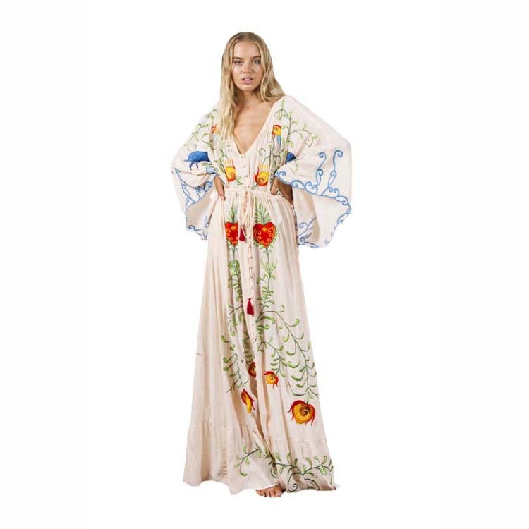 Runway Bohemia Lomg Dress Summer Women Cotton Embroidery Floral Batwing Sleeve V Neck Beach Long Dress