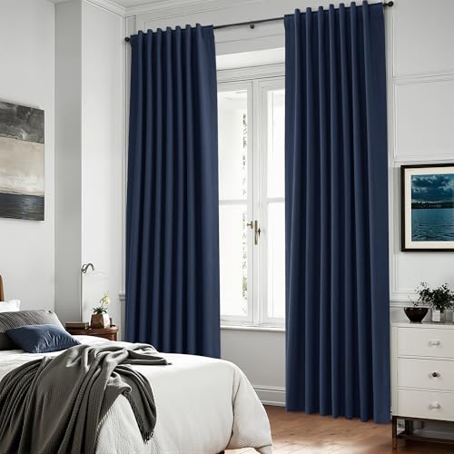 Image of Nanspring Navy Blue 100% Blackout Linen Curtains 84 Inch Length 2 Panels Set for Bedroom Back Tab Modern Luxury Nautical Decor Black Out Curtain for Living Room Office Thermal Insulated Drapes 52x84