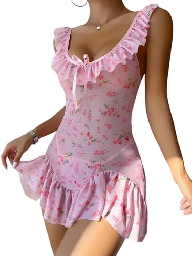 Chemise de nuit bretelles froncées avec nœud satiné et volants mini