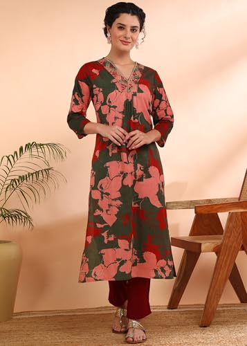 Image of Maaesa Women Printed Rayon Slub Straight Kurta