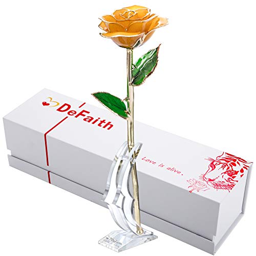 DEFAITH 24K Gold Dipped Real Rose Gifts, Best Wedding Anniversary Valentines Day Love Gift for Her Wife Girlfriend Spouse, Yellow with Stand