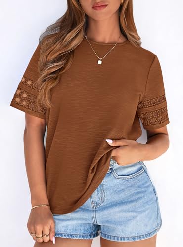 PRETTYGARDEN Summer Tops for Women 2026 Lace Short Sleeve T-Shirts Casual Blouses Spring Fashion Clothes Vacation Outfits (Caramel,Medium) — view 4