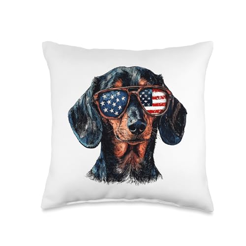 Patriotic Dachshund US Flag Sunglasses Dog Lover 4th Of July Throw Pillow