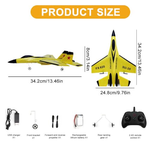 RNPKZ Remote Control Plane, 2CH 2.4Ghz RC Plane Remote Control Wireless Airplane Toy, RC Planes Ready To Fly, SU-35 Foam RCPlane with LED Light Strip, RCGlider Planes for Kids Beginners Adult(Yellow)