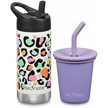 Klean Kanteen TKWide Insulated Water Bottle and Cup with Straw Lid 12oz Bottle Leopard Print + 10oz Cup Paisey Purple