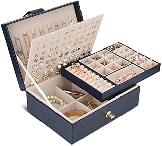 Chelory Jewellery Box Organiser for Women Girls, Large Jewellery Boxes Case for Earrings Rings Bracelets Necklace, PU Leather Lock Jewelry Holder Storage with 3 Stackable Layer Removable Tray, Blue