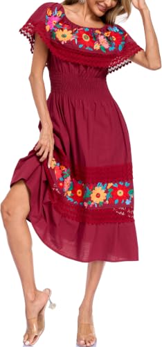 Image of YZXDORWJ Women Embroidered Mexican Peasant Casual Sexy Lace Off-Shoulder Long Dress