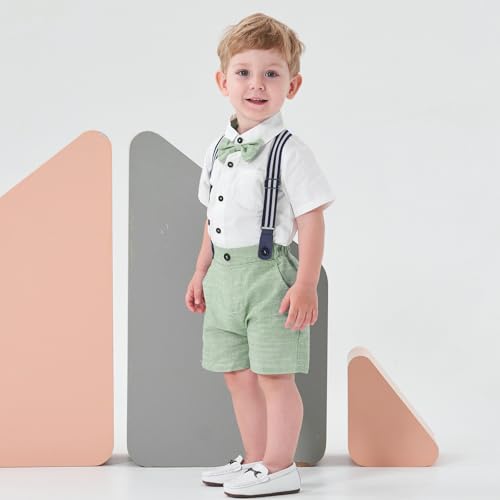 Image of Baby Boy Formal Short Set Toddler Summer Gentleman Outfit Kid Short Sleeve Bowtie Shirt Suspender Shorts Suit