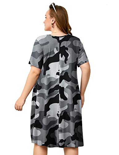 Image of OVERWORETY Womens Short Sleeve Plus Size T-Shirt Dress V Neck Casual Loose Swing A-Line Summer Tunic Dresses with Pockets