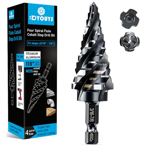 M35 Four Spiral Flute Step Drill Bit Set 3/16' - 7/8' （12 Sizes ）, 1/4' Hex Shank Drill, Impact Resistant M35 HSS Unibit Step Drill bit, for Stainless Steel, Wood, Aluminum, Plastic, Great for DIYers