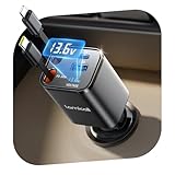 Lamicall 4in1巻取り式 シガーソケット 車 充電器：総69Ｗ Type-C 急速 4in1 車載充電器 4台同時充電可能 12/24V車対応 可視化電圧 80cm タイプC/ライトニング ケーブル iPhone Air,17,17 Pro,17 Pro Max16/15/14/13/12シリーズ iPad/iPhone/android/Apple Watch 高温/電流保護 ブラック