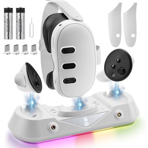 zerotop Quest 3 Charging Dock VR Headset Charging Stand for Oculus/Meta Quest 3 Magnetic Charging Station for VR Headset and Touch Controllers High Speed Charging Stand with RGB Light 2 Batteries