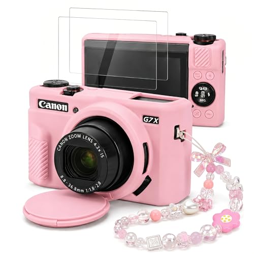 Seltureone Case for Canon PowerShot G7 X Mark II Camera with Cute Charm Wrist Strap and Screen Protector Built-in Lens Cap Protective Silicone Case for Canon PowerShot G7X Mark II Accessories - Pink