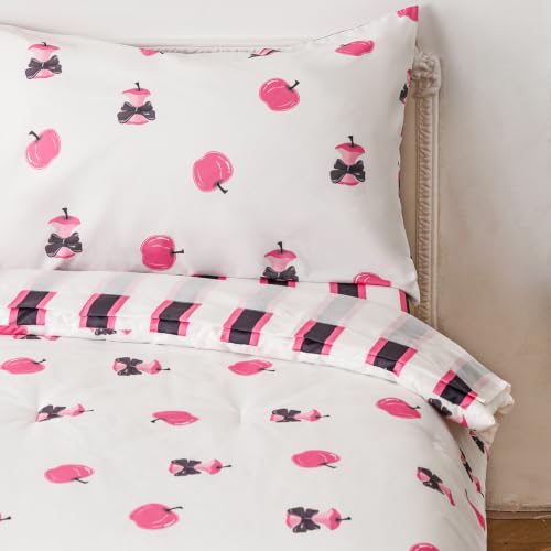 Image of CLOTHKNOW 4Pieces Pink White Apple Toddler Bedding Sets for Boys Girls | Pink Apple and Reversible Black Pink Striped Pattern, Soft Crib Bed Set