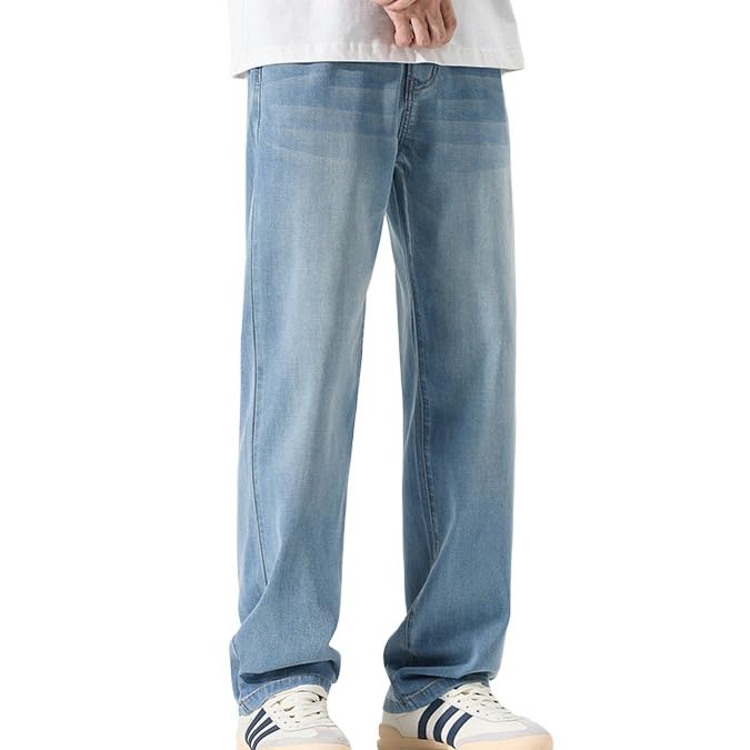 Men's Summer Streetwear Casual Retro High Waist Loose Straight Slim Stretch Blue Jeans