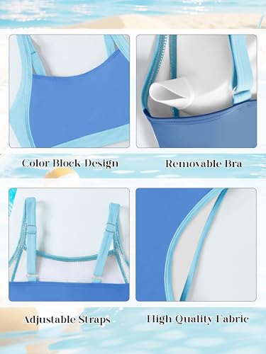 AMAWMW Girls Swimsuit Bathing Suit Color Block Adjustable Straps Bikini Set Two Piece Girls' Swimwear with Chest Pad, Baby Blue, 11-12 Years — view 5