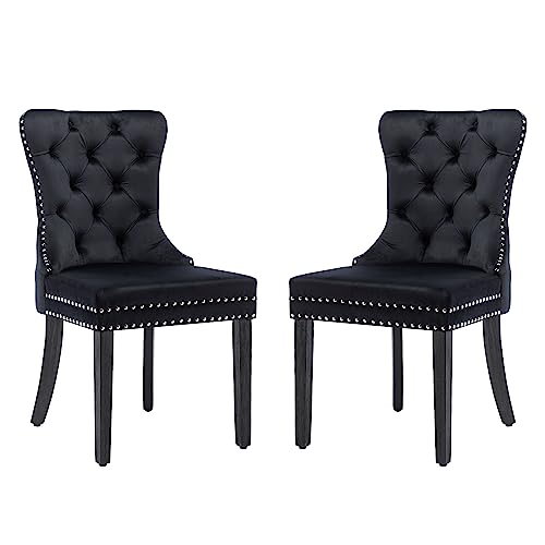 Kcc Velvet Dining Chairs Set Of 2 (Renewed), Upholstered High-End Tufted Dining Room Chair With Nailhead Back Ring Pull Trim Solid Wood Legs, Nikki Collection Modern Style For Kitchen, Black #TOP8