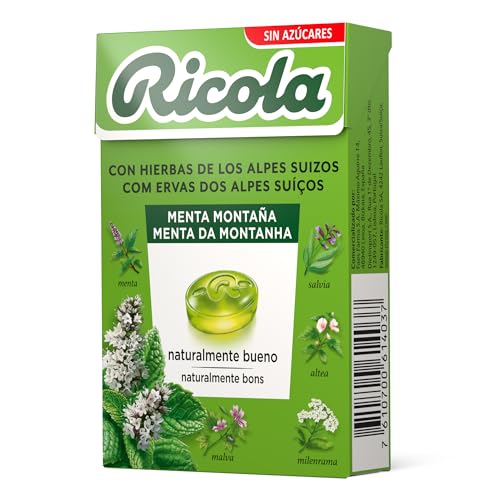 Ricola - Menta Montaña, Caramelos Duros Sin Azúcar, Refresca, Alivia la Garganta y la Respiración, con Menta, Aceite de Cúrcuma, 13 Hierbas Suizas y Aceites Esenciales, con Edulcorantes - Caja 50 g