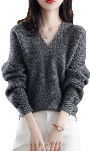 MaadeaNoeTe Women's Sweater Knit Top, V Neck, Cut and Sewn, Long Sleeve, Solid, Soft, Loose, Body Cover, Elegant, Stylish, Cute, Casual, Office, Everyday Wear, Commute, Spring, Autumn, Winter