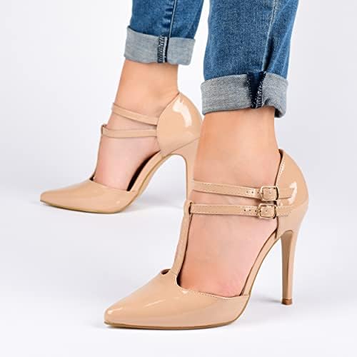 Journee Collection Womens Tru Stilletto Pumps with Double T-Strap and Patent Finish, Black, 9 | Image 4