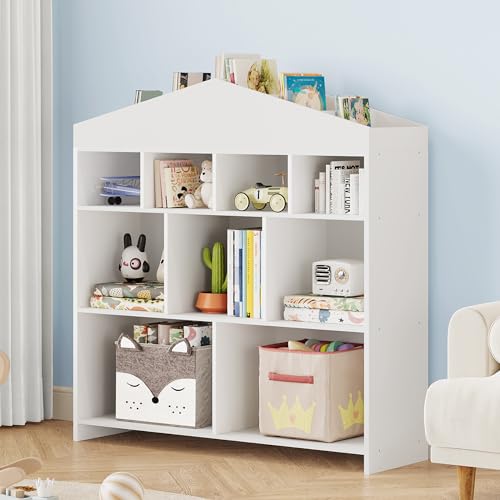IDEALHOUSE Toy Storage Organizer 8 Cubes Kids Bookshelf Dollhouse Bookcase Rack Toddlers Playhouse Shelves Cabinet for Boys Girls Wooden Toy Chest Playroom, Classroom, Nursery, Kids Room,White