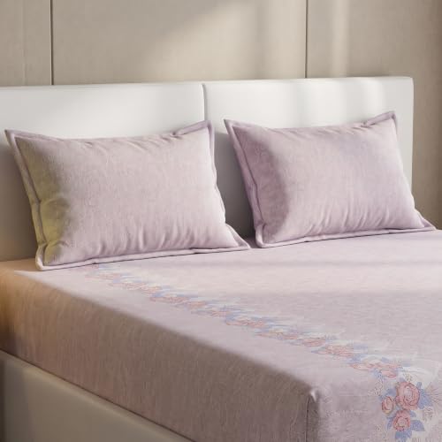 Image of Monte Carlo Eminence Double Bedsheet with 2 Pillow Covers | 144 TC Cotton Bedsheet for Double Bed | Soft & Breathable All Season Bedding Set | Beige Floral Design | Bedsheet 87 x 100 Inches