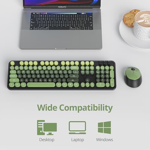 Image of Guffercty kred Dark Green Keyboard and Mouse Wireless, Retro Typewriter Cute Colorful Wireless Keyboard Full-Size 2.4GHz with Round Keycaps for Desktop Laptop and PC(Black Green)