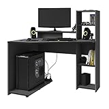 Mesa gaming rinconera fabricada en melamina compuesta por varios compartimentos: una balda para la caja del ordenador, un altillo para el monitor con LED, un gancho para los cascos y una estantería con cuatro estantes regulables en altura en los que podrás colocar aquellos objetos que necesites tener a mano mientras juegas. No se incluyen la silla, el resto de muebles ni los objetos decorativos de las imágenes. Luz LED incluida.