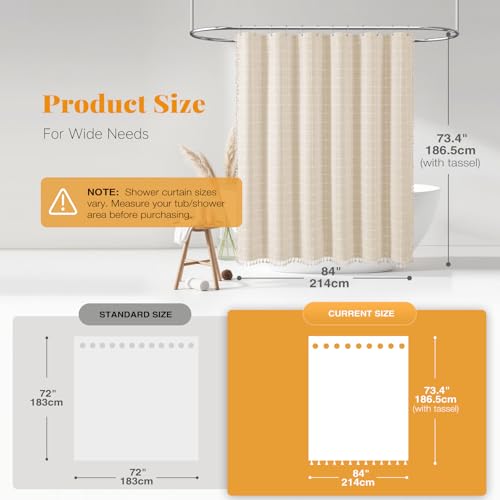 Image of BTTN 84 Inch Wide Shower Curtain - W84xH72 Boho Farmhouse Fabric Shower Curtain Set with 14 Plastic Hooks, Large Country Hotel Spa Simple Water-resistant Cloth Bath Curtains for Bathroom - Cream /Beige