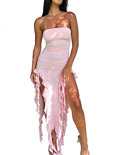 Balimtoy Women's Y2k Strapless Ruffle Bodycon Maxi Dress Tube Top Ruched Split Thigh Formal Club Party Long Dresses