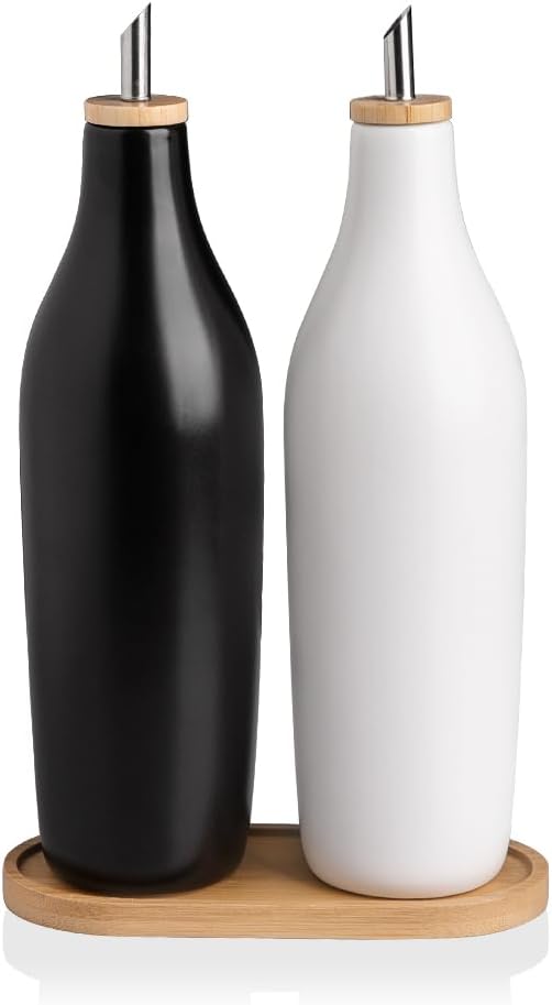 Sweejar Matte Ceramic Olive Oil Dispenser Bottles with Bamboo Tray, 17 Oz, Black White & Tray, 2-Pack, Cooking, Serving, Storing (Oils, Vinegar), Porcelain, Reusable, Cruet Bottle