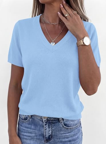 PRETTYGARDEN Womens Short Sleeve Sweater V Neck Tops,Light Blue,M — view 6