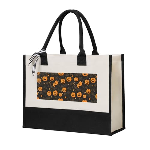Sac fourre-tout en toile imprimé citrouille d'Halloween pour femme beige taille unique