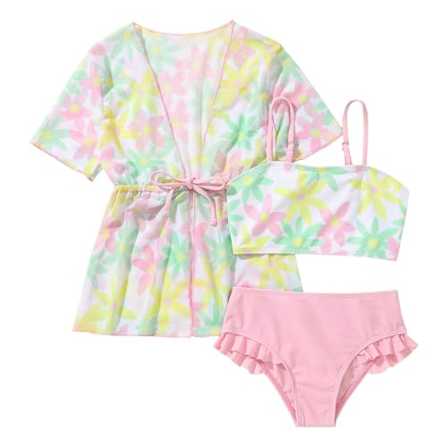 Girls Bikini Set 3-Piece Swimsuit with Kimono Cover Up | Floral Print Ruffles Quick Dry Bathing Suit for Toddler Kids
