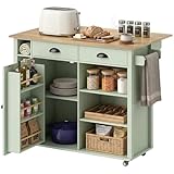 HOMCOM Kücheninsel mit Klappplatte, Küchenwagen auf Rollen mit Schrank, 2 Schubladen, Handtuchhalter, verstellbares Regal, offene Fächer, 117,5 x 70 x 91 cm, Hellgrün