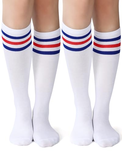 Syhood 2 Pairs Classic Athletic Knee High Socks Triple Stripes Over the Calf Cotton Retro Tube Sock