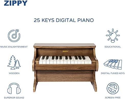 ZIPPY Kids Piano Keyboard, 25 Keys Digital Piano for Kids, Mini Music Educational Instrument Toy, Wood Toy for Toddlers Girls Boys (Walnut) - 1