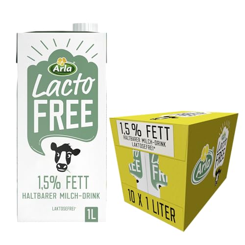 Arla LactoFREE Laktosefreie Haltbare Milch 1,5% Fett | 10 x 1L |echter Milchgeschmack, weniger süß | reich an Calcium und Vitamin B12
