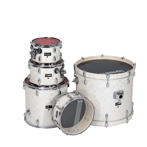 Image of TempoX Professional 5-Piece Acoustic Drum Set with 2 Cymbals & Hi-Hat (White) | Heavy-Duty Double Braced Stands | Complete Full Drum Set Kit for Practice & Performance