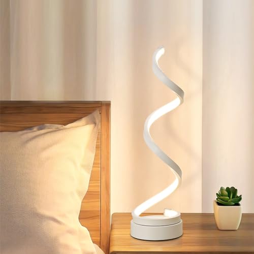 Mengjay LED Spiral Tischlampe,Nachttischlampe mit 3 Farbtemperatur,Gebogene LED-Tischlampe Augenschutz Schreibtischlampe,Modern Nachttischlampe Nachtlicht für Kinder Schlafzimmer Wohnzimmer (Weiß)