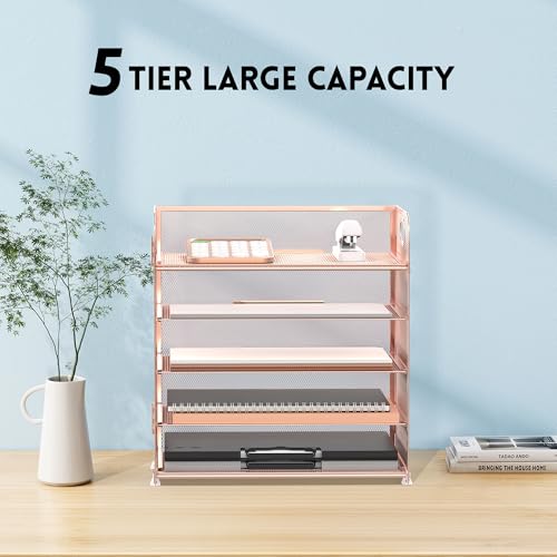 Image of Supeasy 5 Trays Paper Organizer Letter Tray with Handle-Mesh Desk File Organizer, Paper Sorter Desk Organizer for Office, Home or School (Rose Gold)