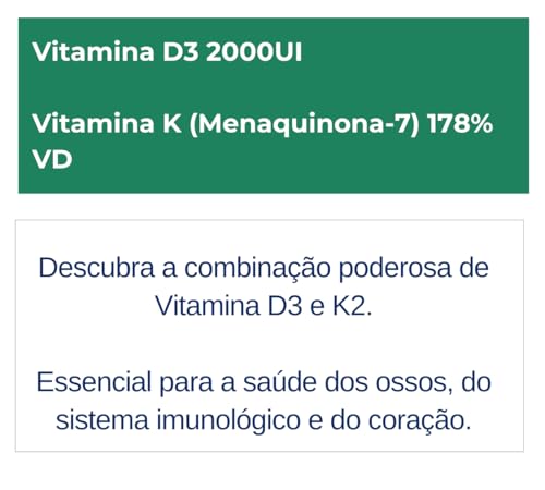 Vitamina D3 + K2 Longa Duração: 4 Meses Uso, 2000UI D3, 149mcg Vitamina K2 MK-7, 120 Cápsulas, Forta
