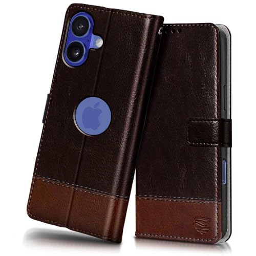Image of FLIPPED Vegan Leather Flip Case Back Cover for iPhone 16 (Flexible, Shock Proof | Hand Stitched Leather Finish | Card Pockets Wallet & Stand | Coffee with Brown)